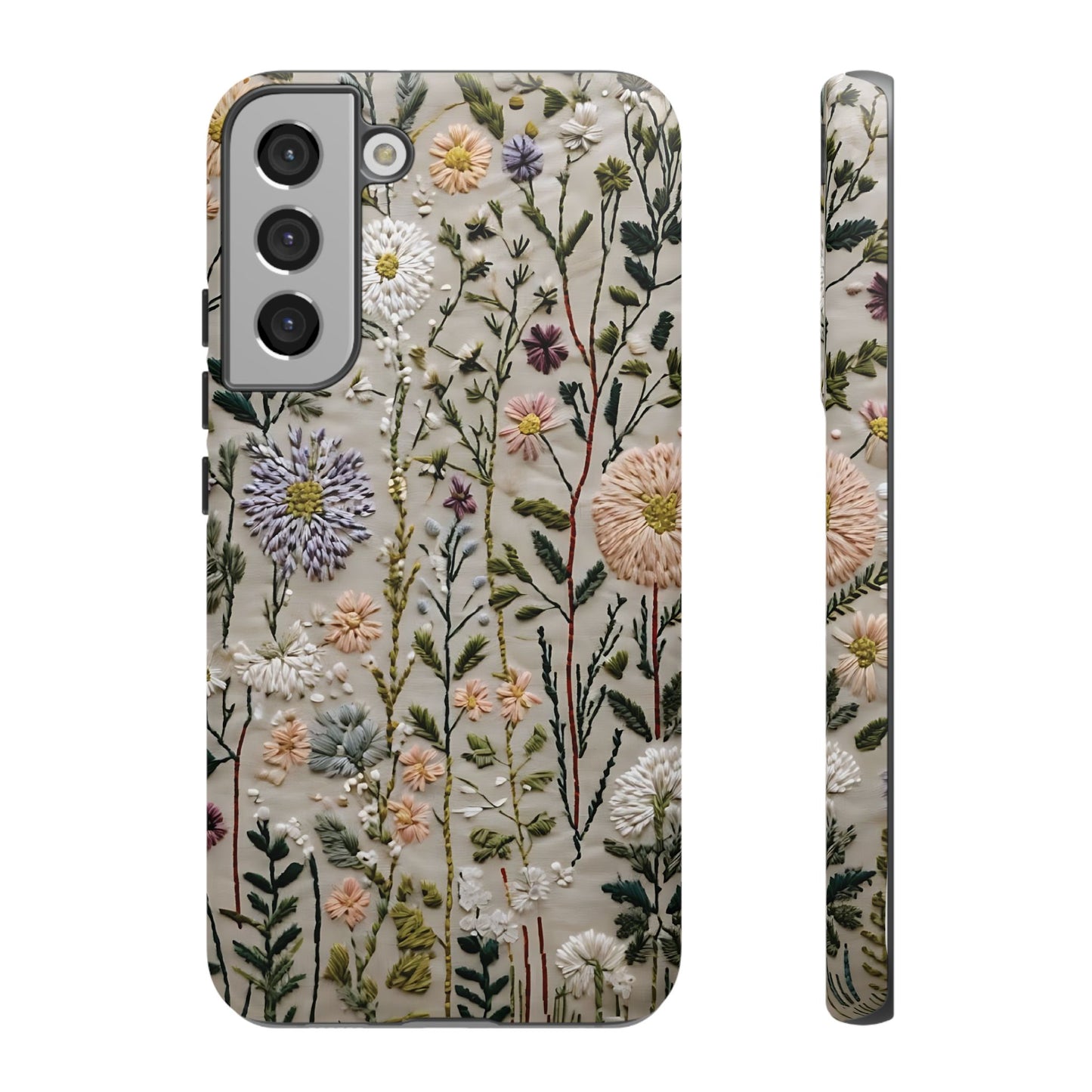 Intricate Embroidery Artwork Featuring Botanical Elements On Beige phone case design.