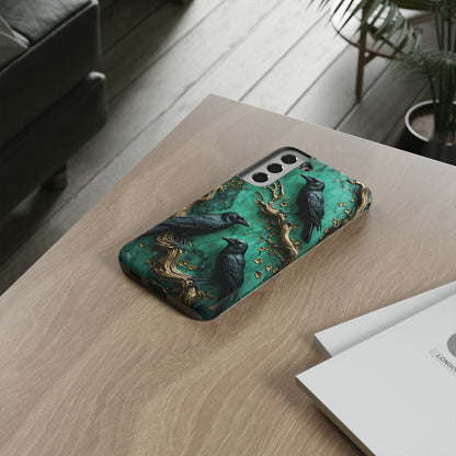 Three Black Ravens Perched On Gold-Accent Branches phone case design