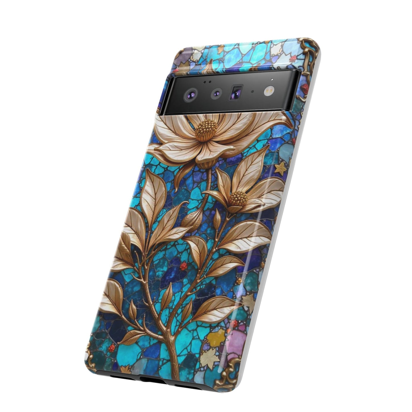 Golden Blossoms on Mosaic Blue Elegance