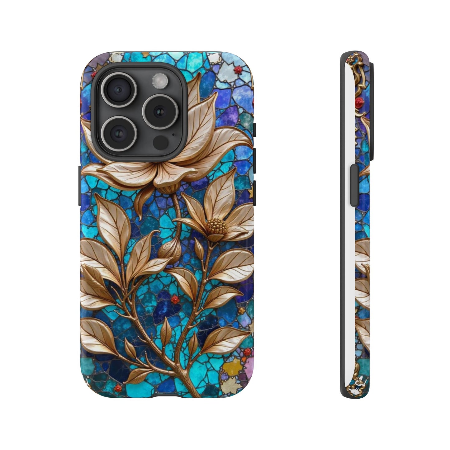 Golden Blossoms on Mosaic Blue Elegance