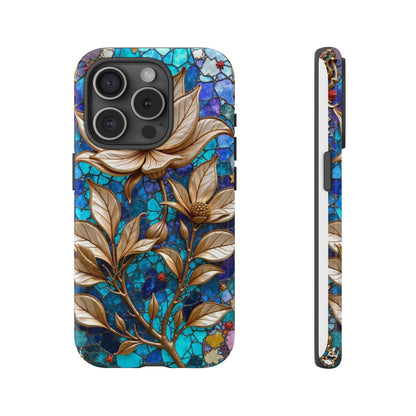 Golden Blossoms on Mosaic Blue Elegance