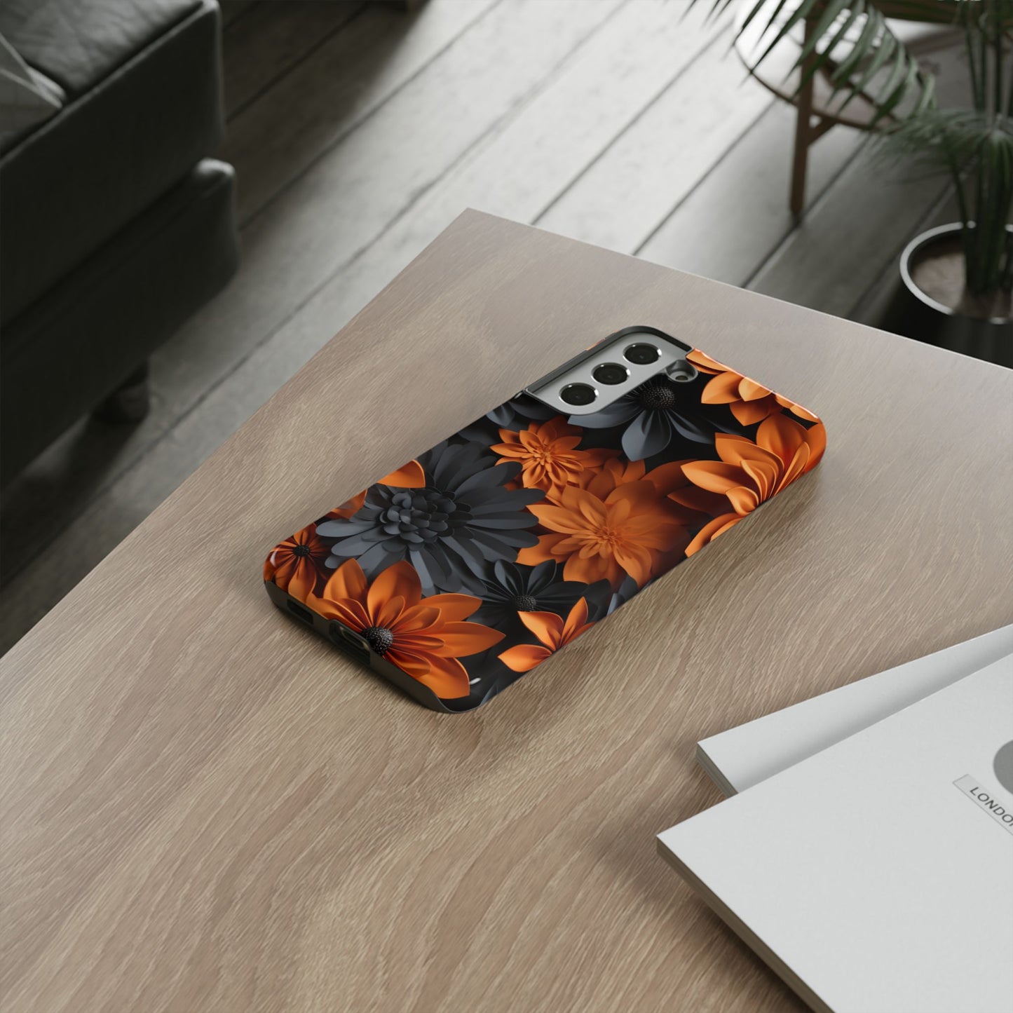 Orange & Black 3D Floral Mobile Case