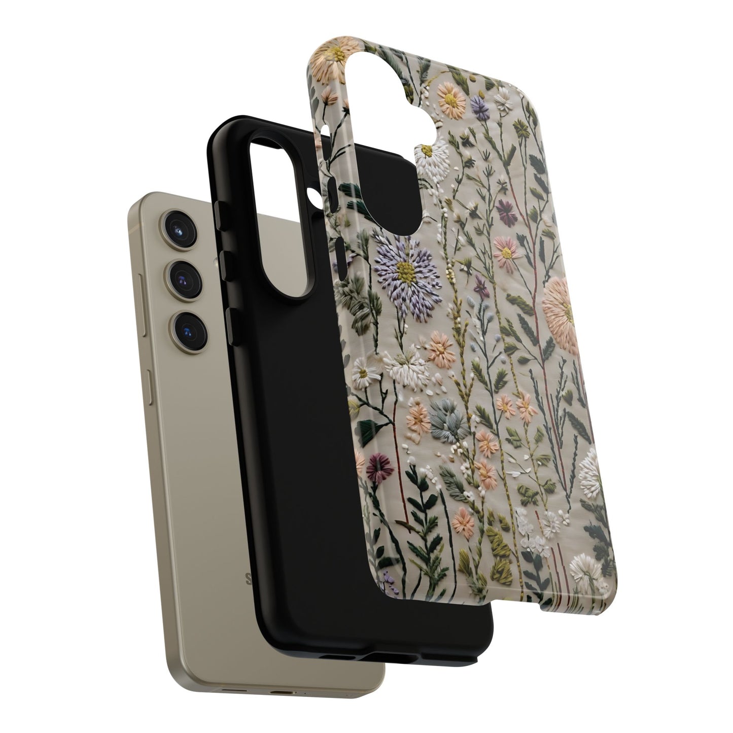 Intricate Embroidery Artwork Featuring Botanical Elements On Beige phone case design.