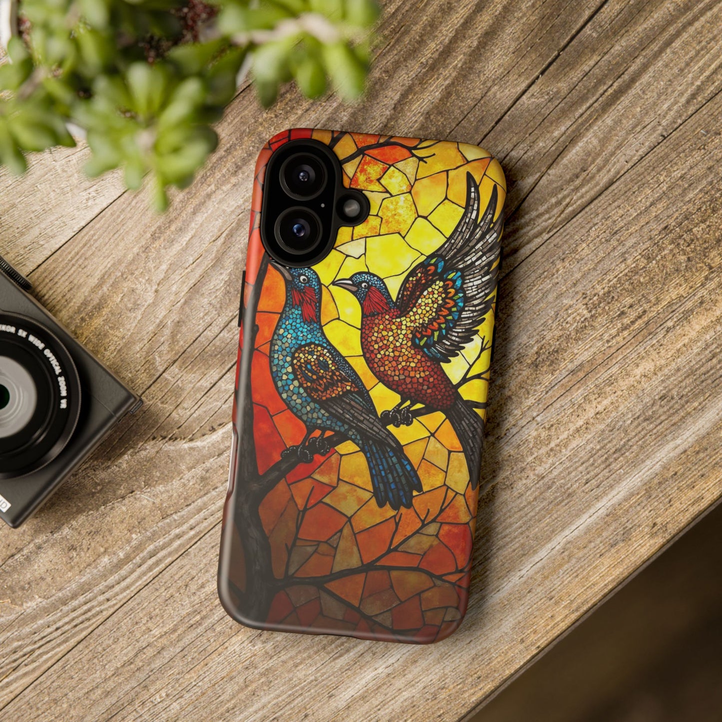 Vibrant Hummingbirds with Stained Glass Charm