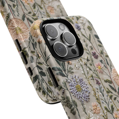 Intricate Embroidery Artwork Featuring Botanical Elements On Beige phone case design.