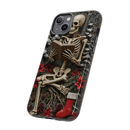 Surreal Relief Sculpture of Skeleton Reading Amidst Festive Decor phone case design