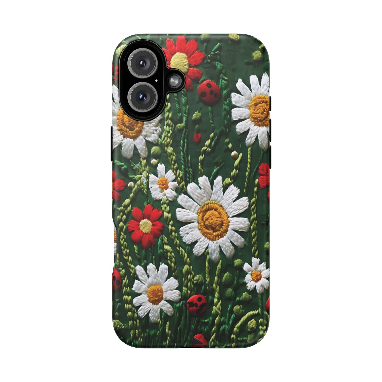 Intricate Embroidered Fabric Featuring Daisies And Ladybugs phone case design