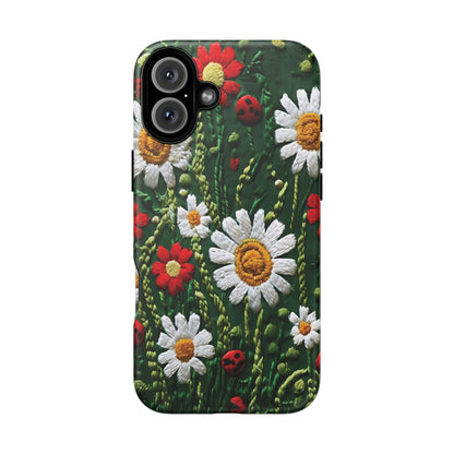 Intricate Embroidered Fabric Featuring Daisies And Ladybugs phone case design