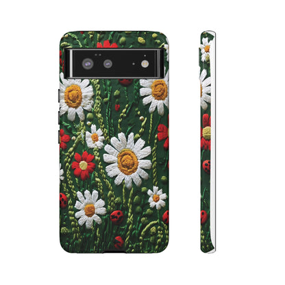 Intricate Embroidered Fabric Featuring Daisies And Ladybugs phone case design