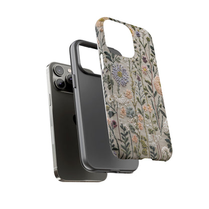 Intricate Embroidery Artwork Featuring Botanical Elements On Beige phone case design.