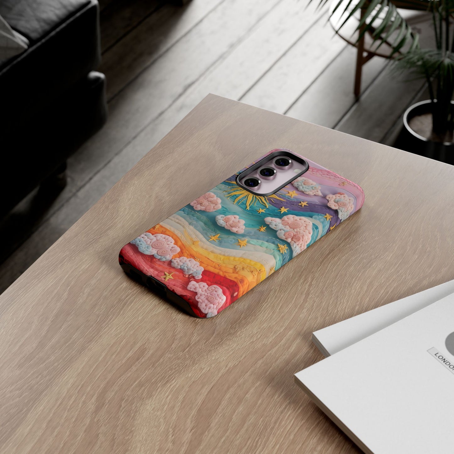 Whimsical Fiber Art Sky Scene With Dynamic Stripes And Clouds phone case design.