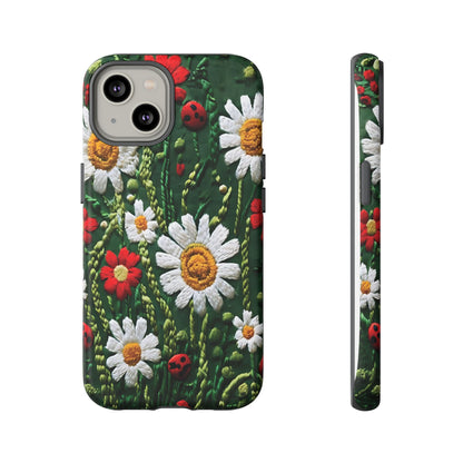 Intricate Embroidered Fabric Featuring Daisies And Ladybugs phone case design