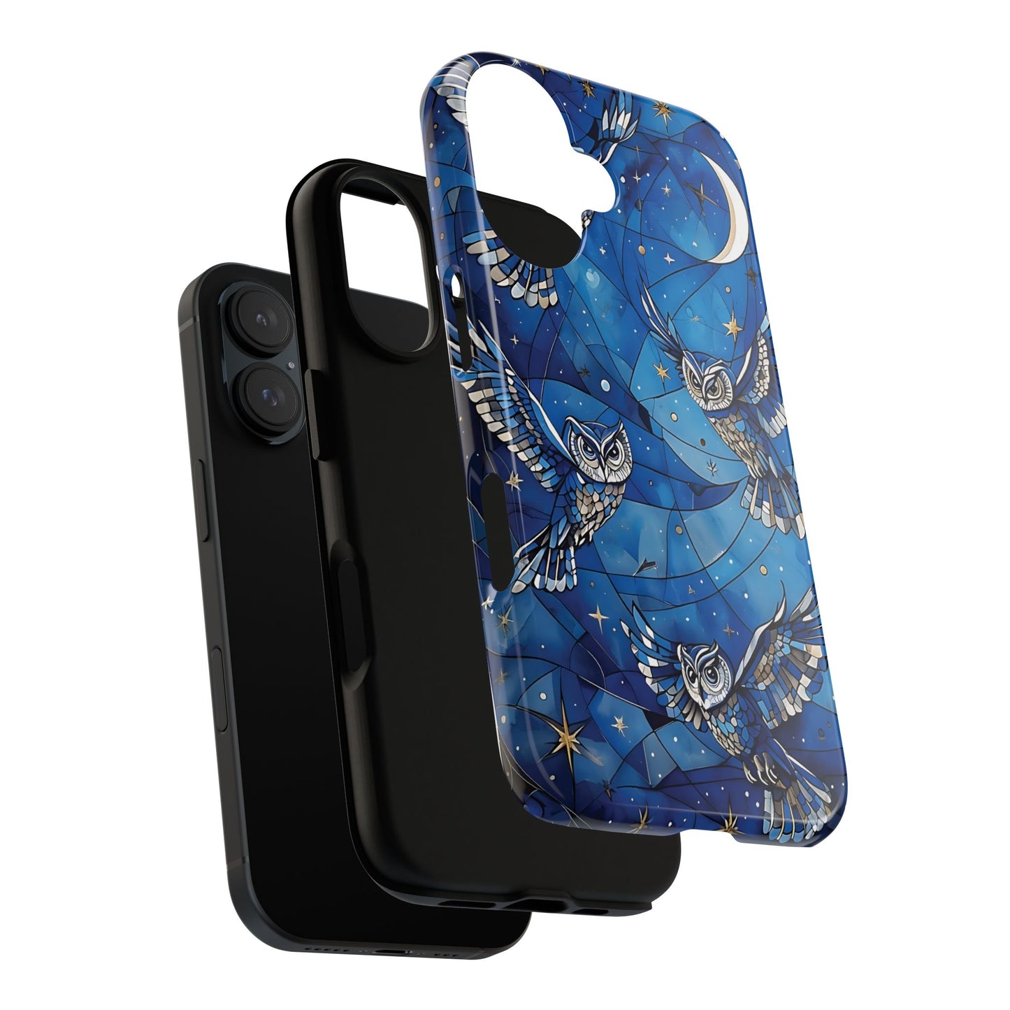 Surrealistic Owls Soaring Through A Celestial Night Sky phone case design.