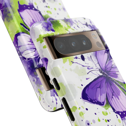 Vibrant Purple Butterfly Splash Mobile Cover – Artistic Green & Violet Aesthetic