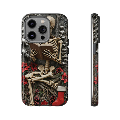 Surreal Relief Sculpture of Skeleton Reading Amidst Festive Decor phone case design