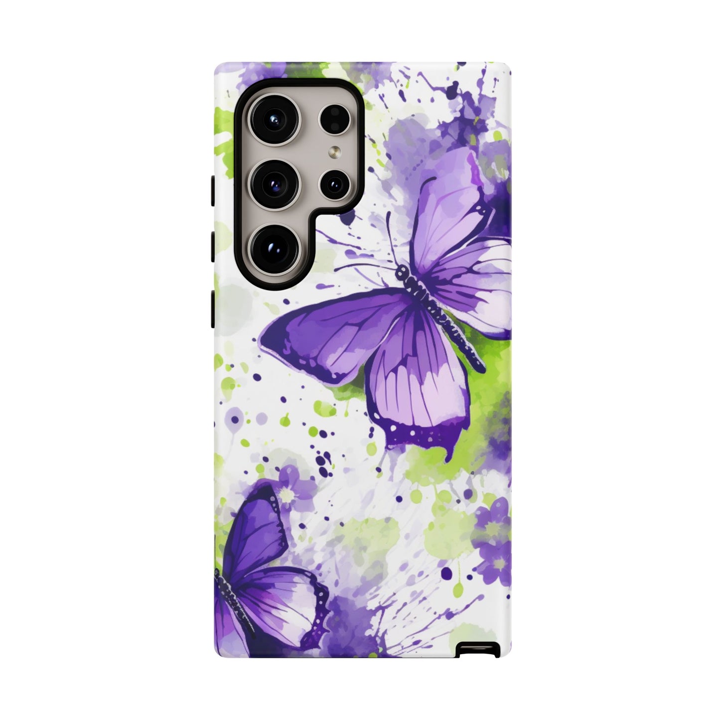 Vibrant Purple Butterfly Splash Mobile Cover – Artistic Green & Violet Aesthetic