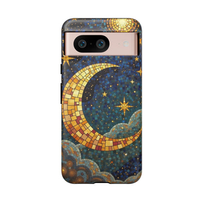 Golden Crescent: Mosaic Moon and Starry Night