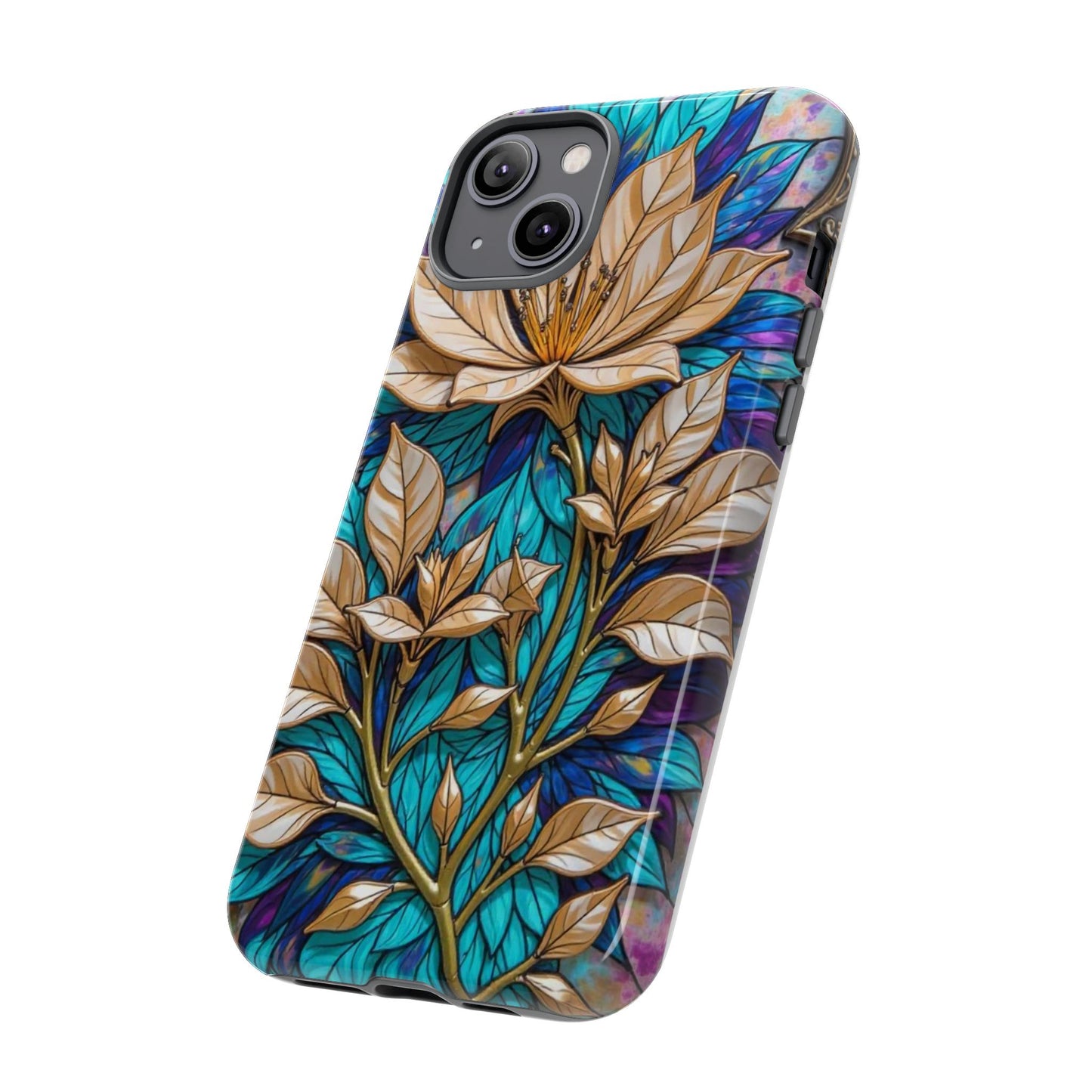 Majestic Golden Blossoms on Mosaic Blue Splendor