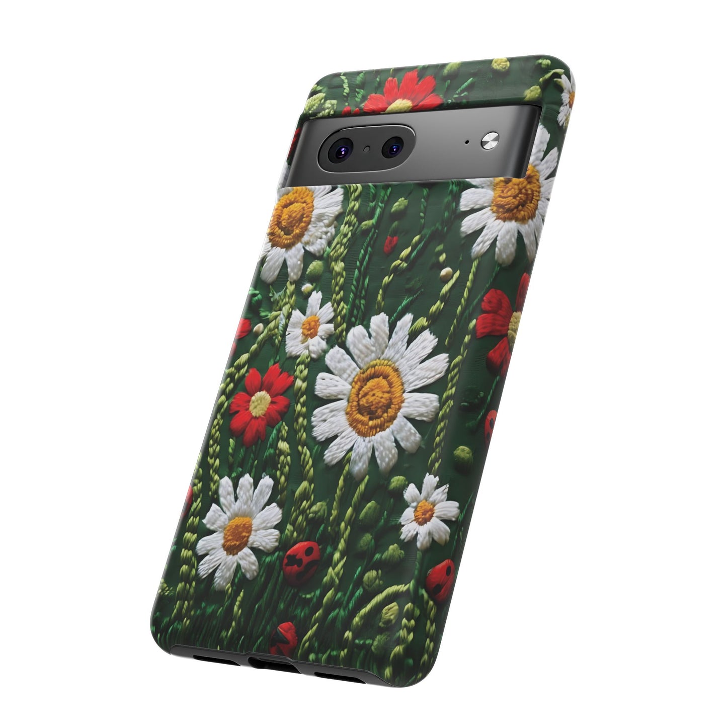 Intricate Embroidered Fabric Featuring Daisies And Ladybugs phone case design