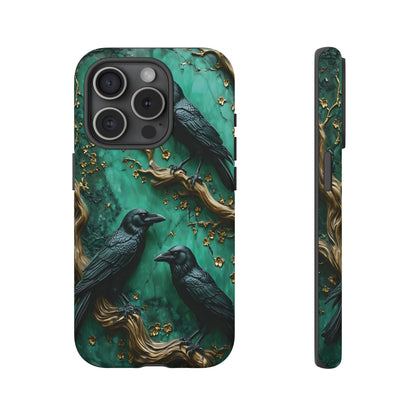 Three Black Ravens Perched On Gold-Accent Branches phone case design