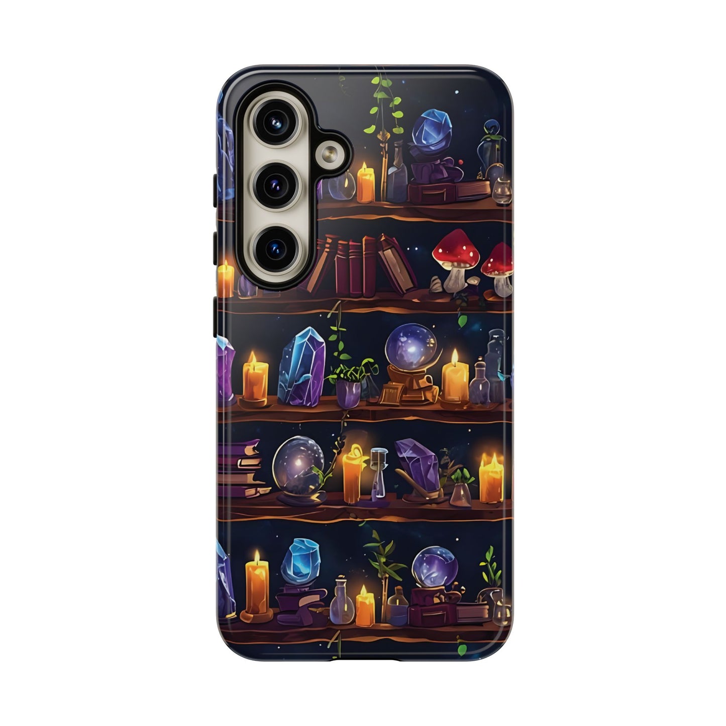 Fantasy Seamless Pattern Of Wooden Shelves Filled With Mystical Items phone case design.