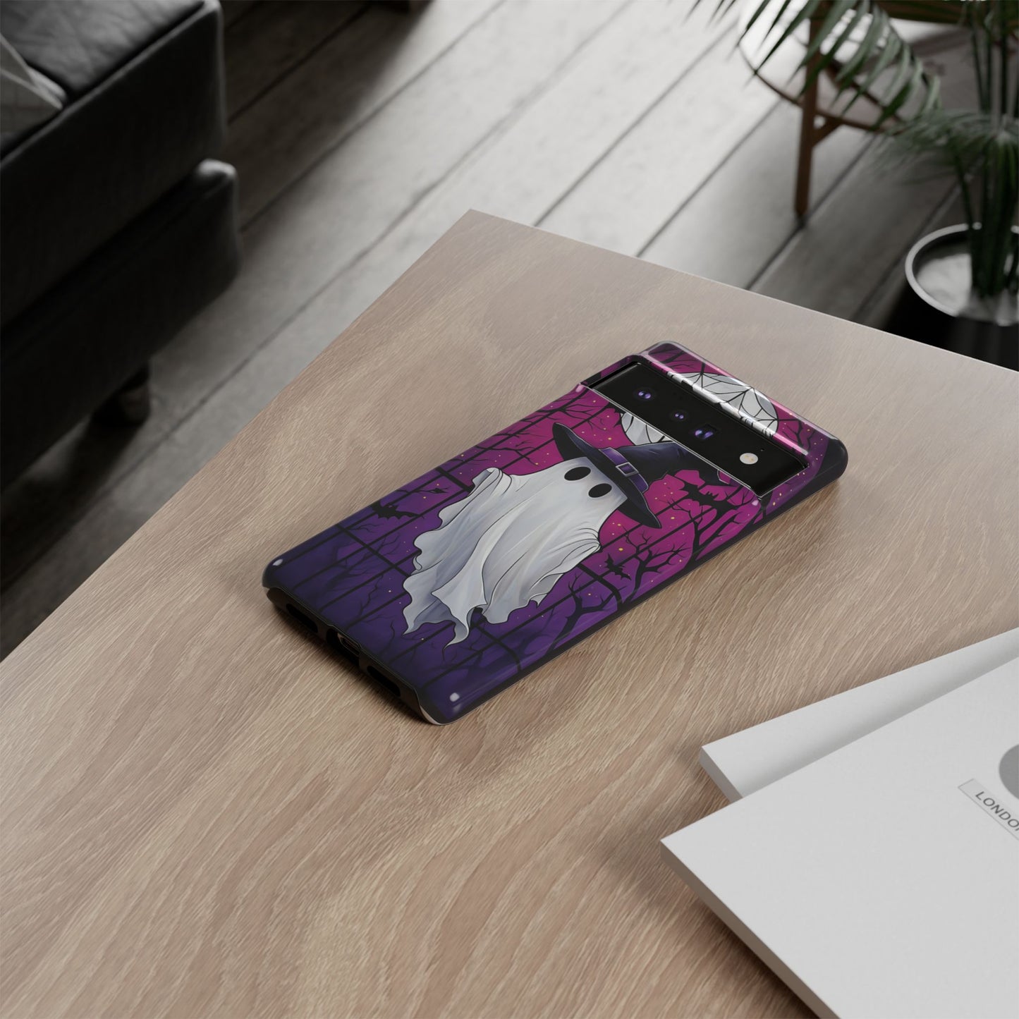 Stylized Halloween Illustration of a Ghost in Stained Glass  phone case design.