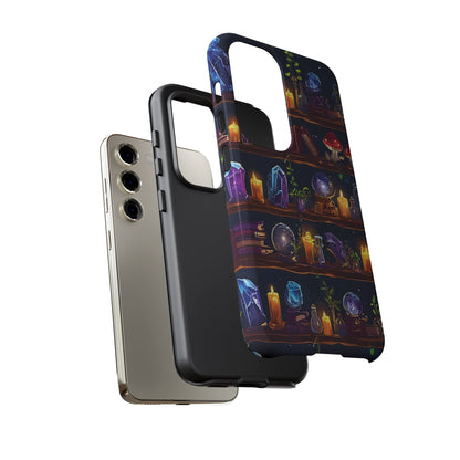 Fantasy Seamless Pattern Of Wooden Shelves Filled With Mystical Items phone case design.
