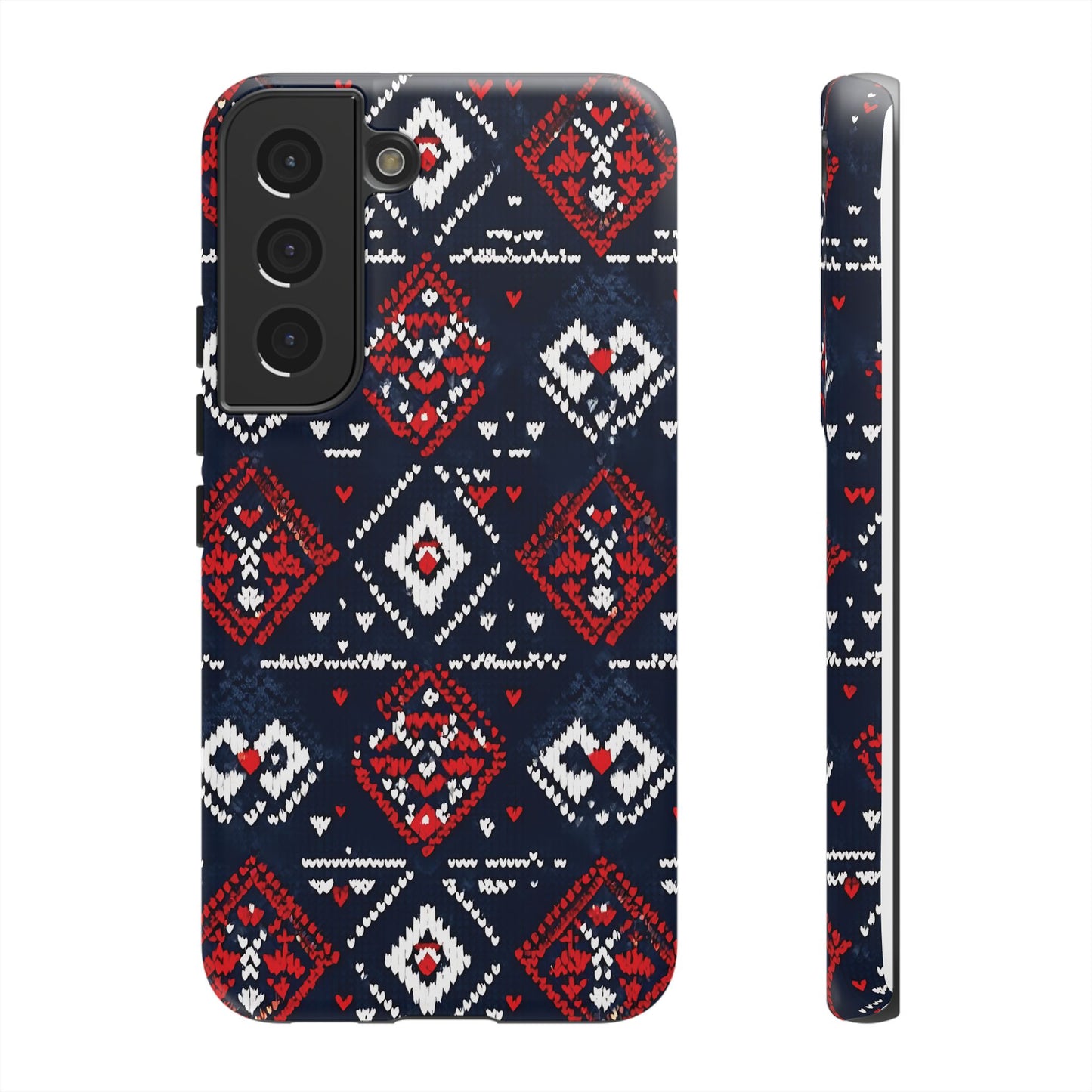 Knitted Pattern With Diamonds And Festive Motifs On Navy phone case design.