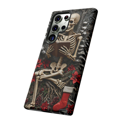 Surreal Relief Sculpture of Skeleton Reading Amidst Festive Decor phone case design