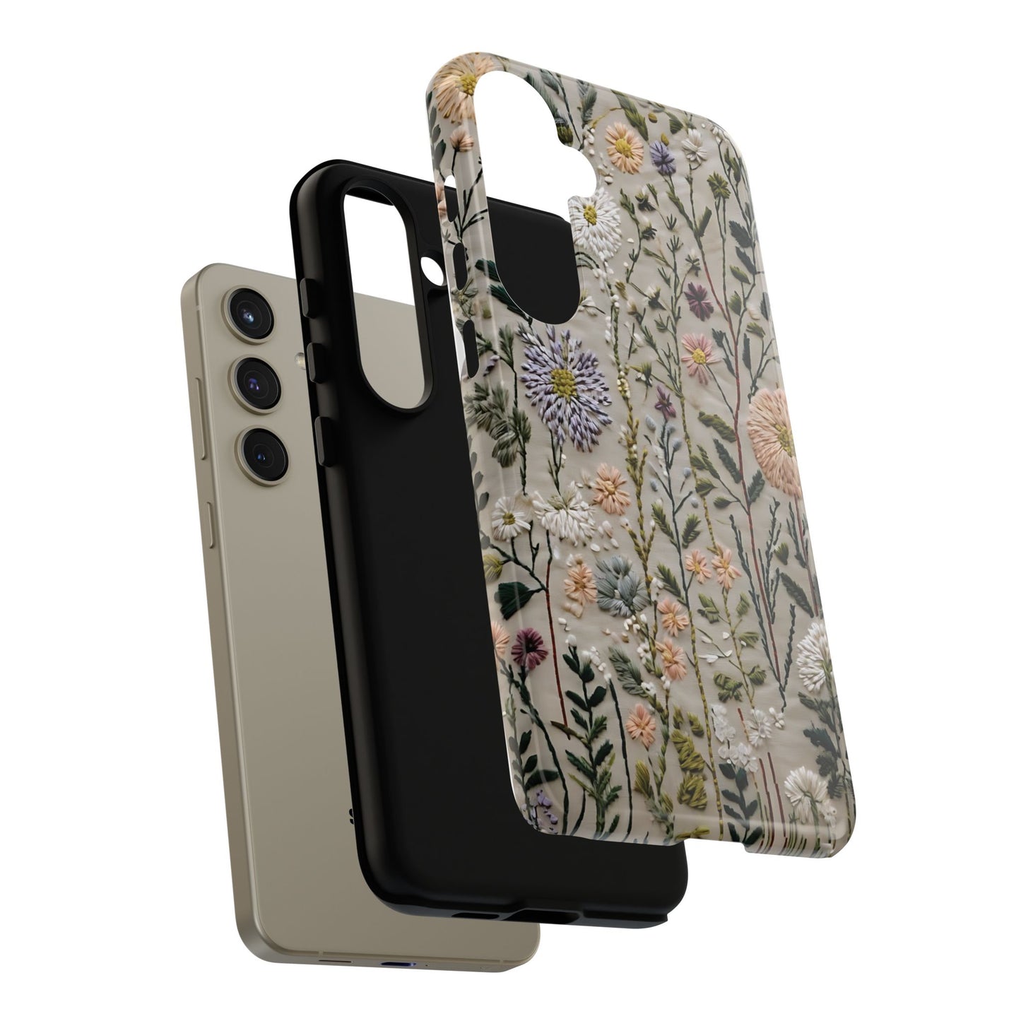 Intricate Embroidery Artwork Featuring Botanical Elements On Beige phone case design.