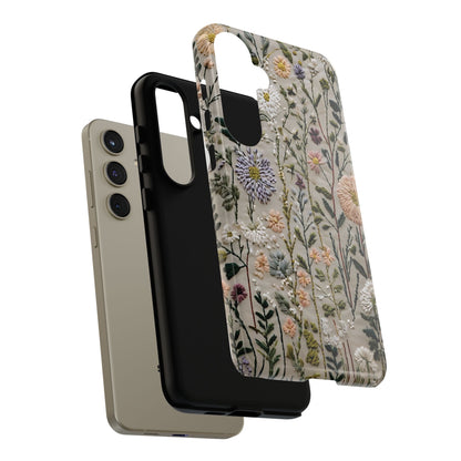 Intricate Embroidery Artwork Featuring Botanical Elements On Beige phone case design.