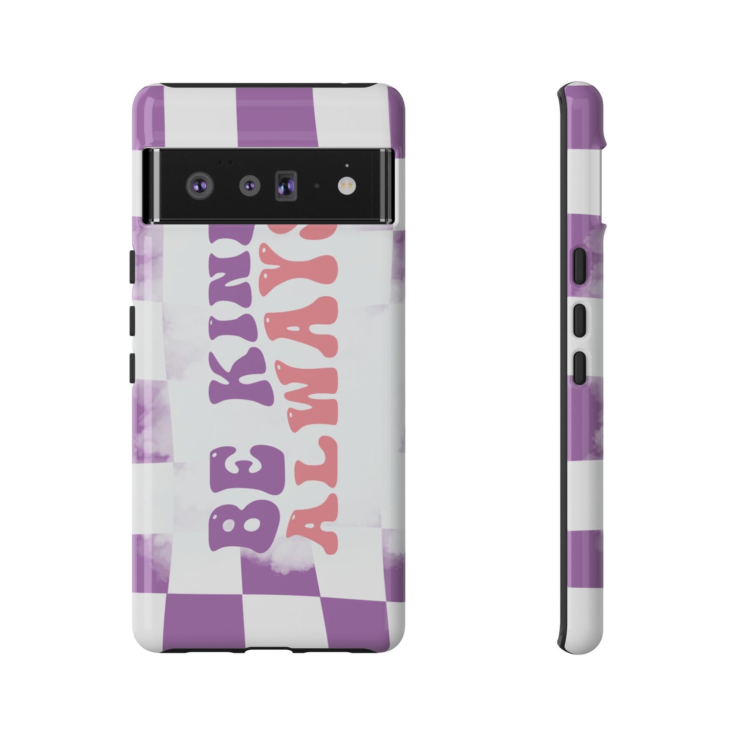 Be Kind Always Phone Case, Motivational Quote Cover for iPhone, Samsung & Google Pixel White Purple Checkered Pattern Phone Cover, Wavy Text Case, Kindness Phone Case, Inspirational Gift