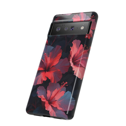 Vibrant red and pink hibiscus flowers blooming against a dark background| Floral phone case design