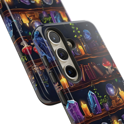 Fantasy Seamless Pattern Of Wooden Shelves Filled With Mystical Items phone case design.