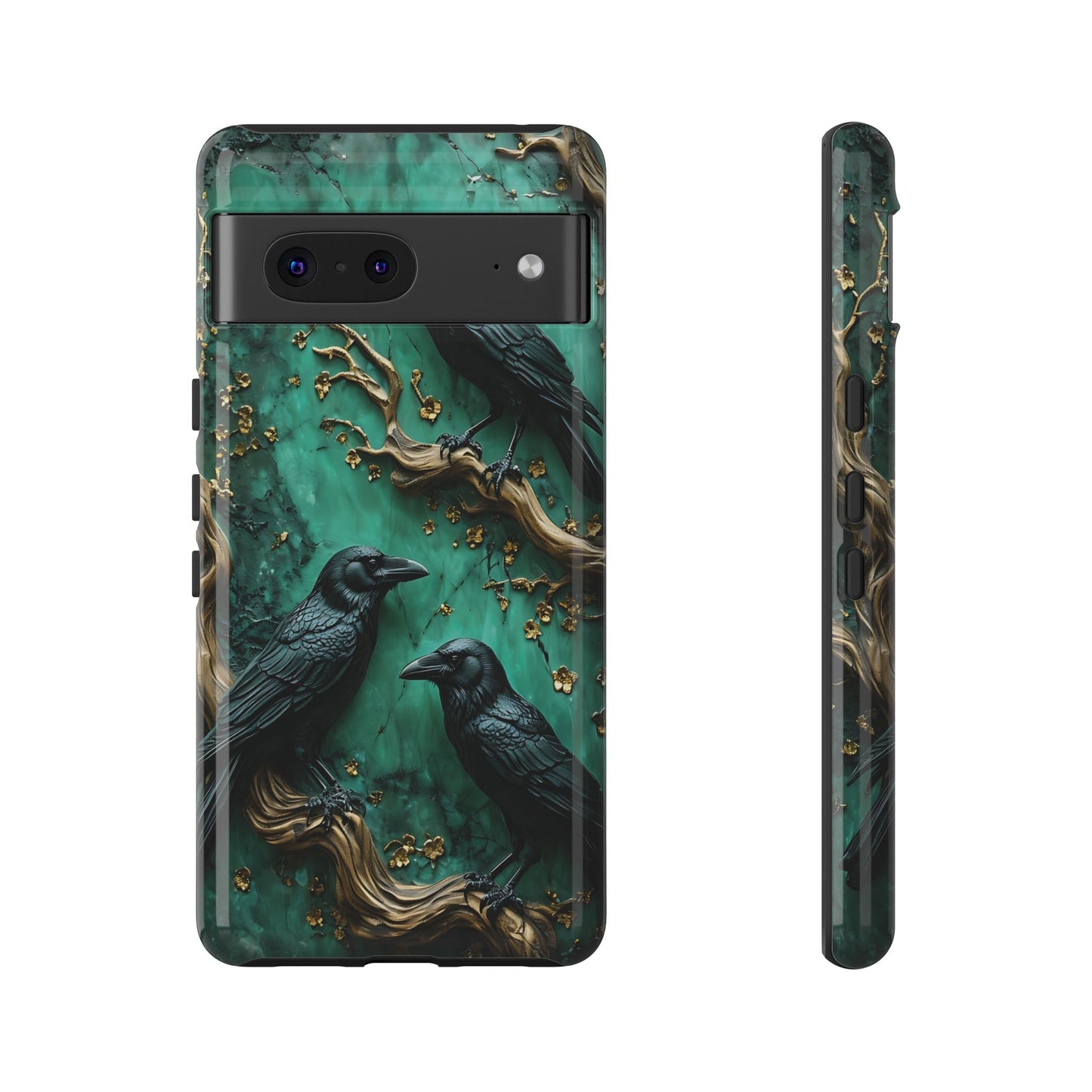 Three Black Ravens Perched On Gold-Accent Branches phone case design
