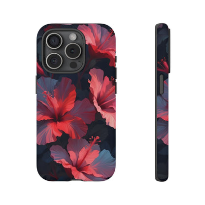 Vibrant red and pink hibiscus flowers blooming against a dark background| Floral phone case design