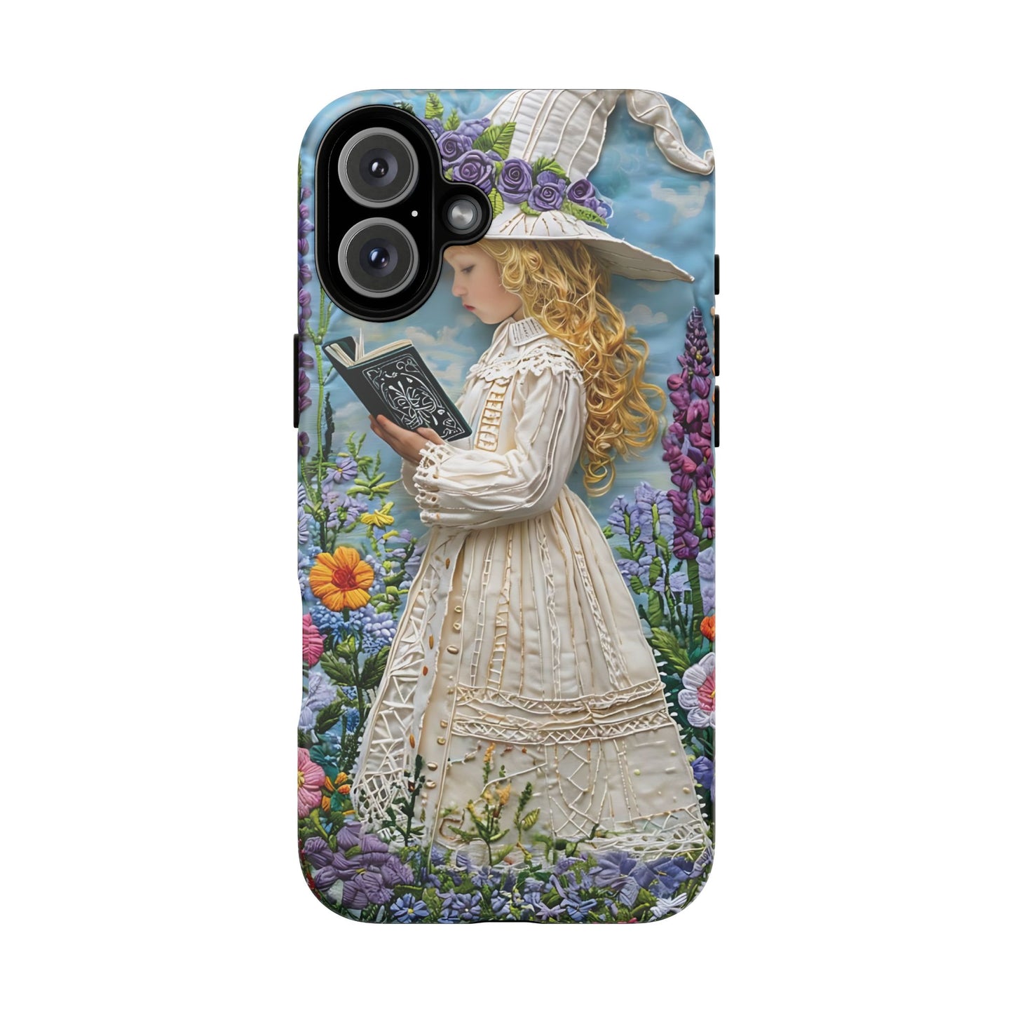 Whimsical Embroidery Of A Girl Reading In A Garden phone case design.