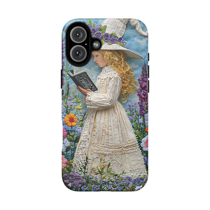 Whimsical Embroidery Of A Girl Reading In A Garden phone case design.
