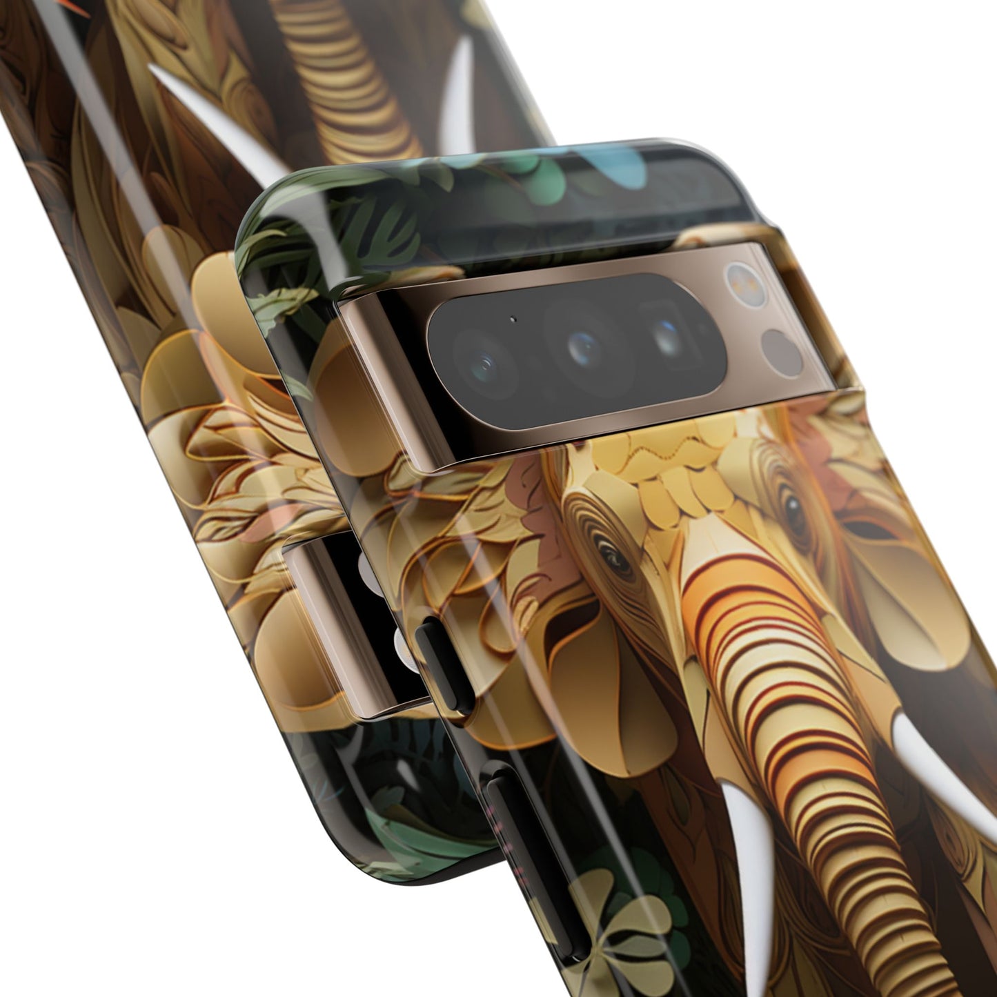 Golden Jungle Elephant Mobile Cover – Intricate Paper Art Design