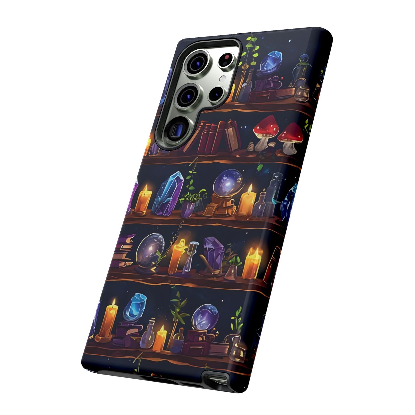 Fantasy Seamless Pattern Of Wooden Shelves Filled With Mystical Items phone case design.