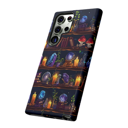 Fantasy Seamless Pattern Of Wooden Shelves Filled With Mystical Items phone case design.