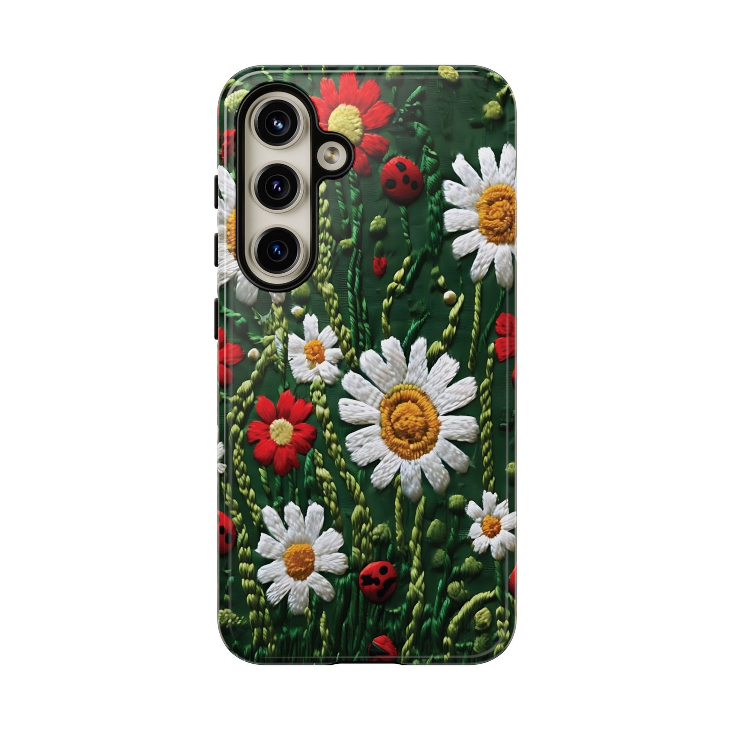 Intricate Embroidered Fabric Featuring Daisies And Ladybugs phone case design