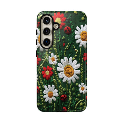 Intricate Embroidered Fabric Featuring Daisies And Ladybugs phone case design