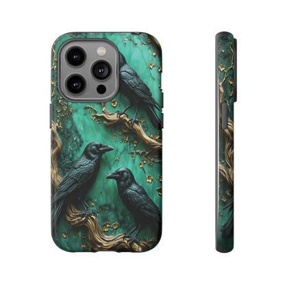 Three Black Ravens Perched On Gold-Accent Branches phone case design