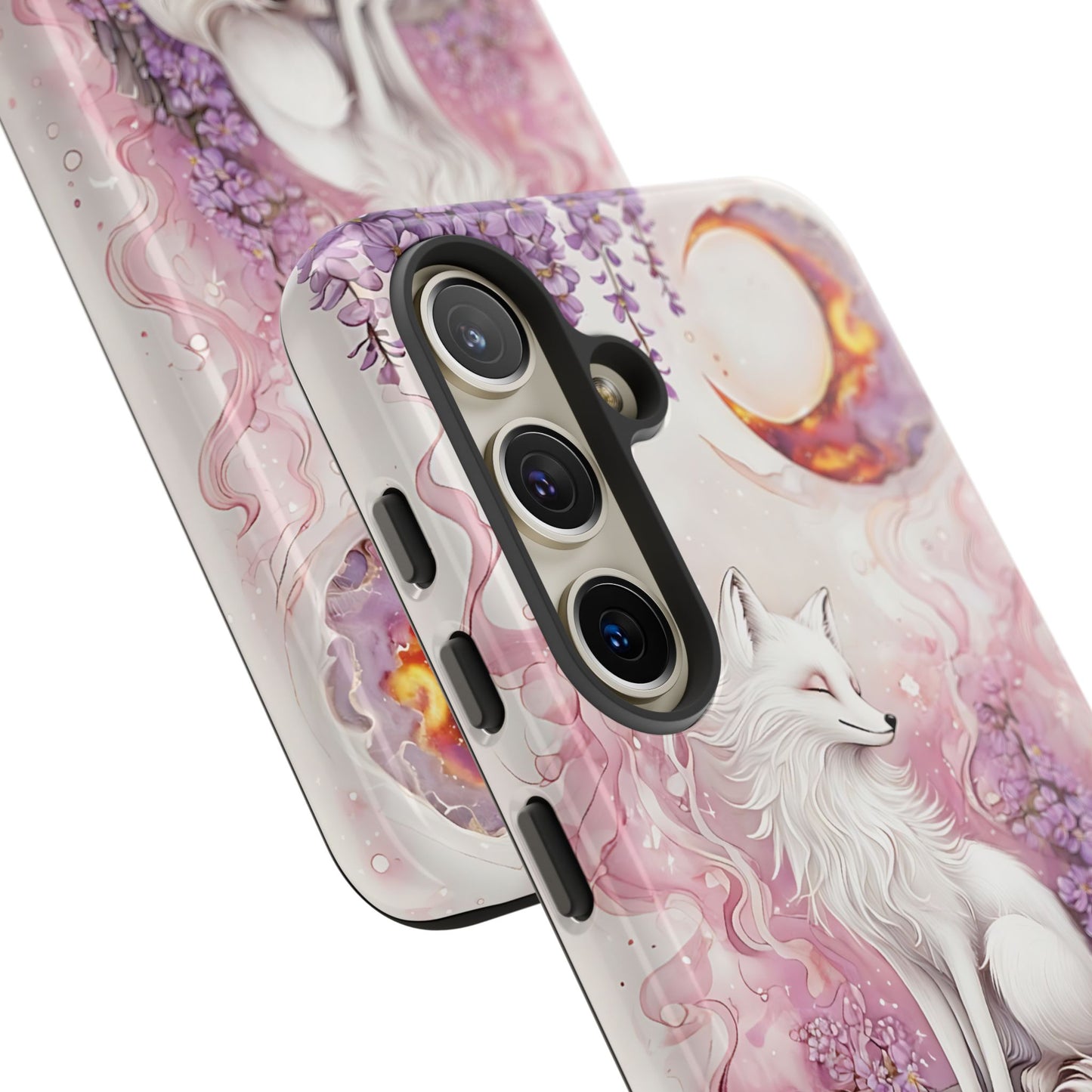 Whimsical White Fox Surrounded By Lavender And Pink Blooms phone case design.