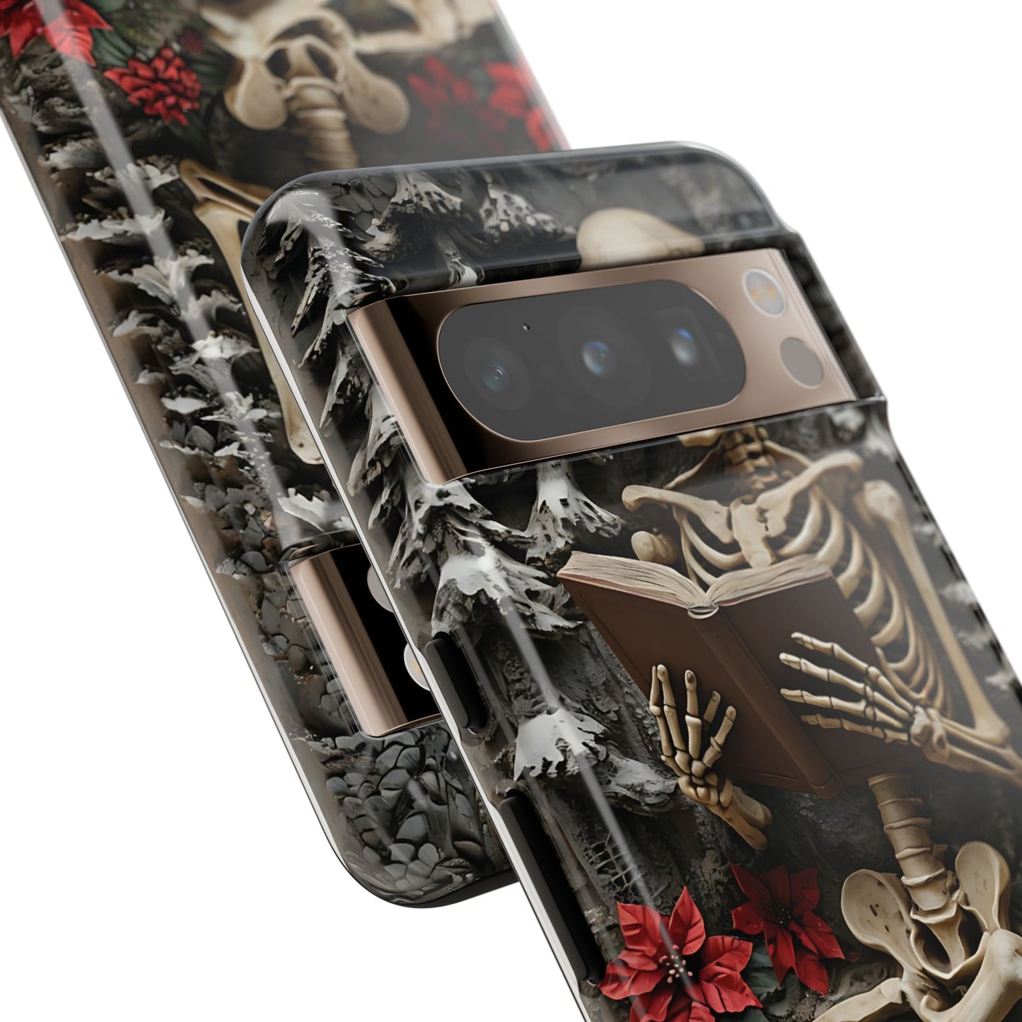 Surreal Relief Sculpture of Skeleton Reading Amidst Festive Decor phone case design