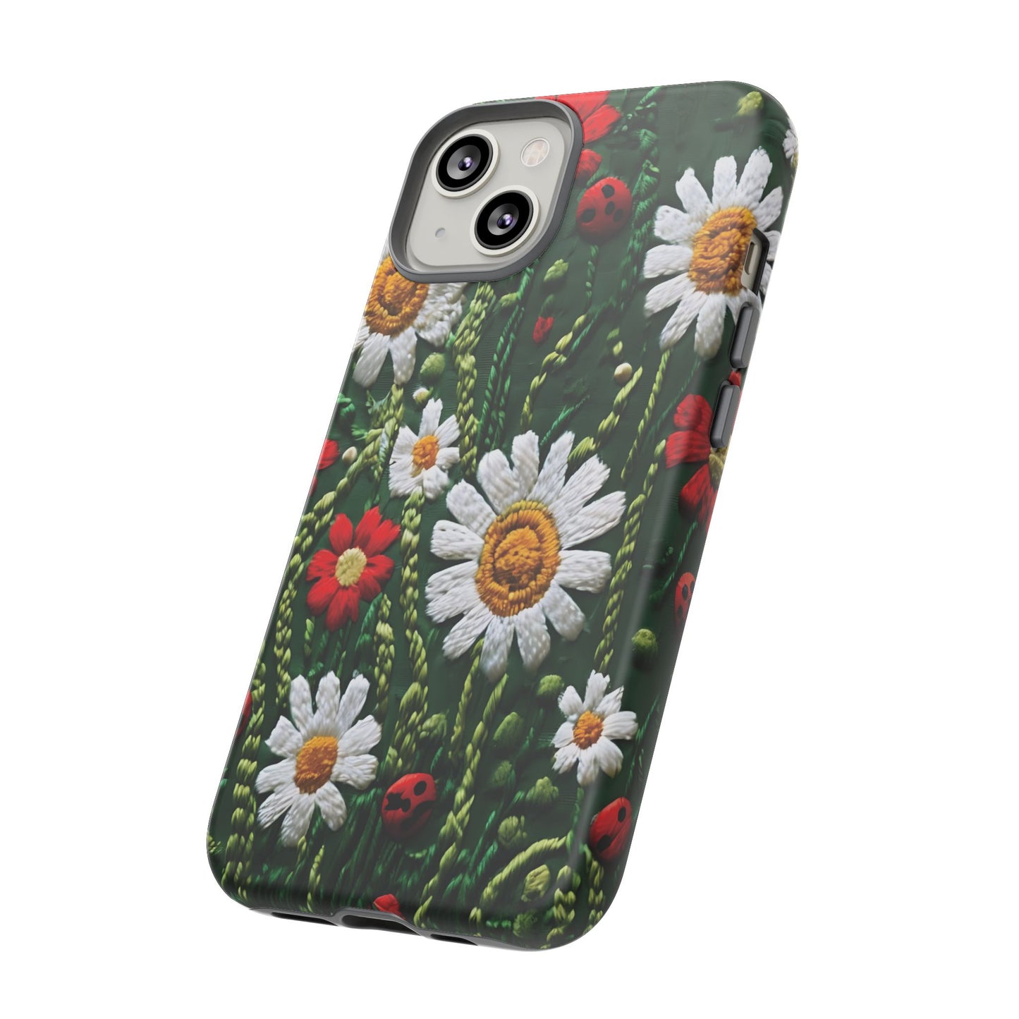 Intricate Embroidered Fabric Featuring Daisies And Ladybugs phone case design