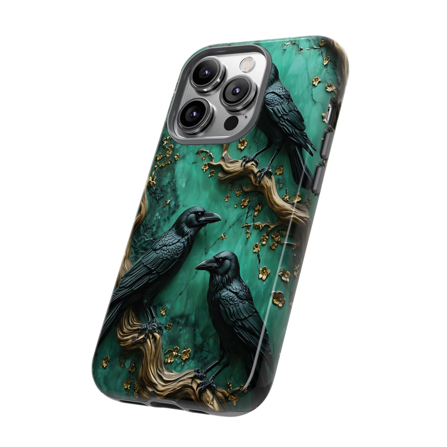 Three Black Ravens Perched On Gold-Accent Branches phone case design