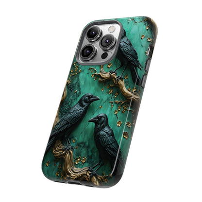 Three Black Ravens Perched On Gold-Accent Branches phone case design