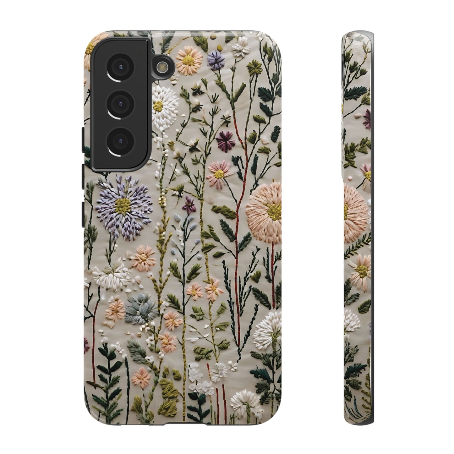 Intricate Embroidery Artwork Featuring Botanical Elements On Beige phone case design.